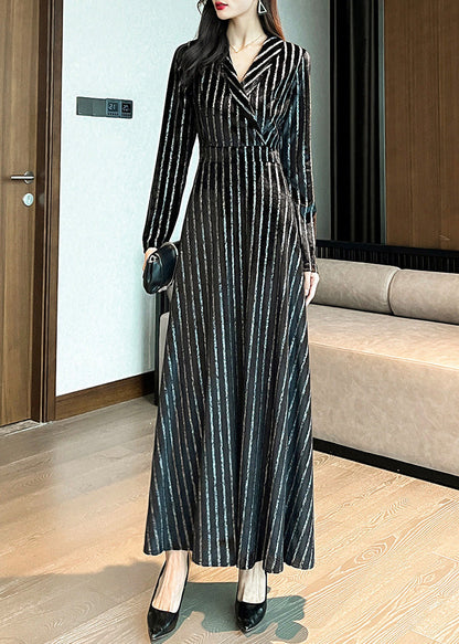Slim Fit Black Notched Striped Maxi Dresses Long Sleeve Ly1717
