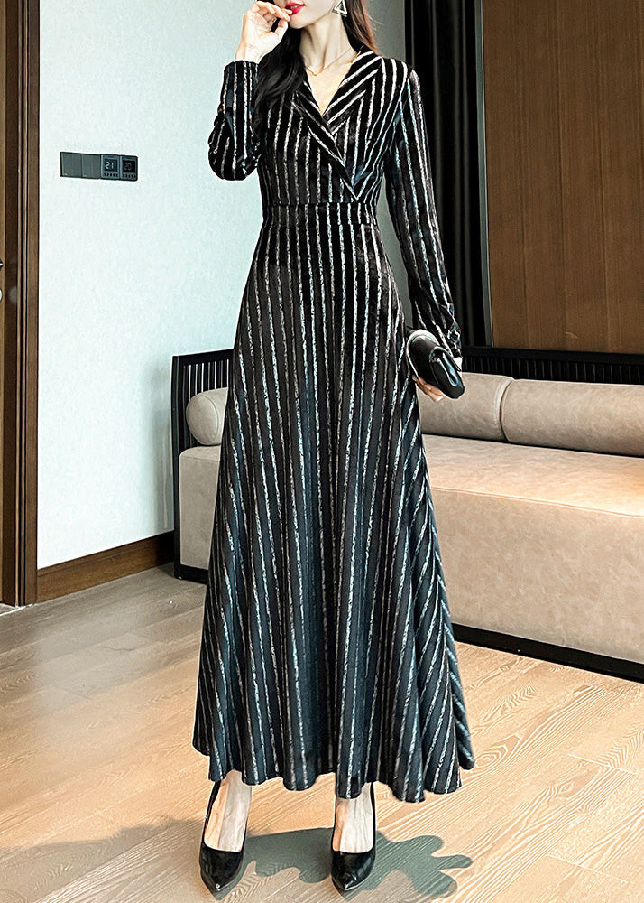 Slim Fit Black Notched Striped Maxi Dresses Long Sleeve Ly1717