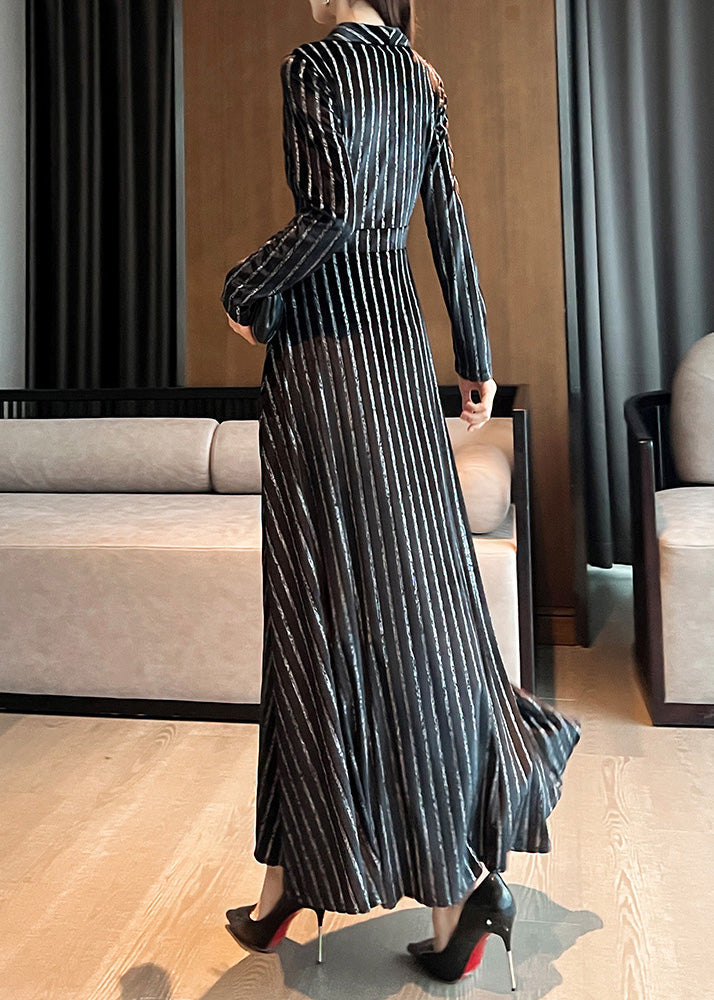 Slim Fit Black Notched Striped Maxi Dresses Long Sleeve Ly1717