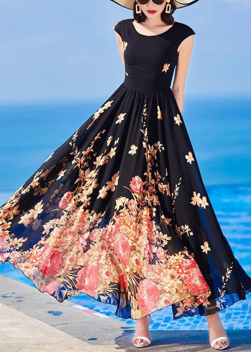 Slim Fit Black O-neck Print Chiffon Long Dresses Summer As1059