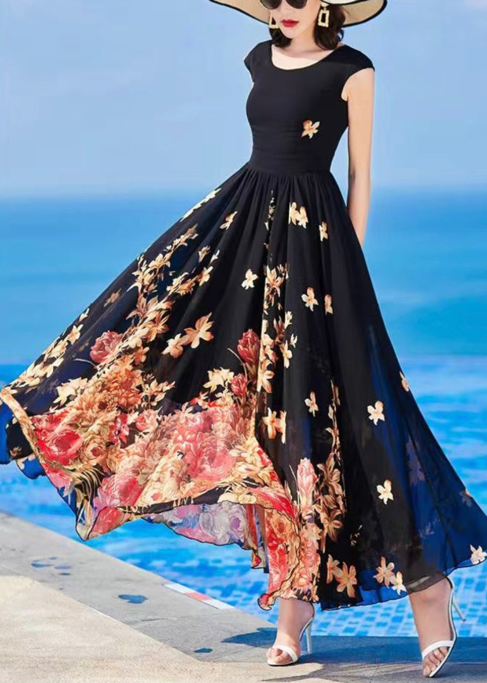 Slim Fit Black O-neck Print Chiffon Long Dresses Summer As1059
