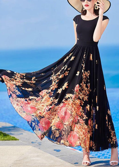 Slim Fit Black O-neck Print Chiffon Long Dresses Summer As1059