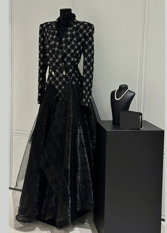 Slim Fit Black Plaid Patchwork Tulle Maxi Dress Fall Wz024