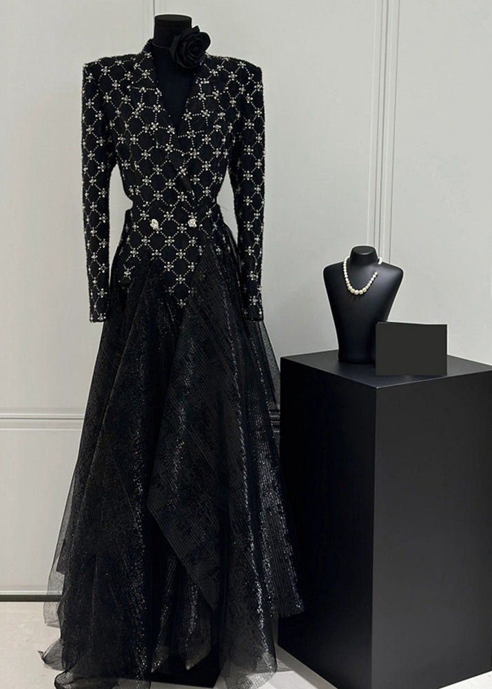 Slim Fit Black Plaid Patchwork Tulle Maxi Dress Fall Wz024
