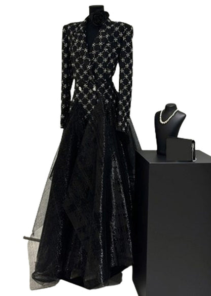 Slim Fit Black Plaid Patchwork Tulle Maxi Dress Fall Wz024