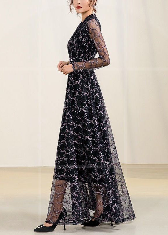 Slim Fit Black V Neck Tulle Patchwork Chiffon Long Dress Spring Ly1732