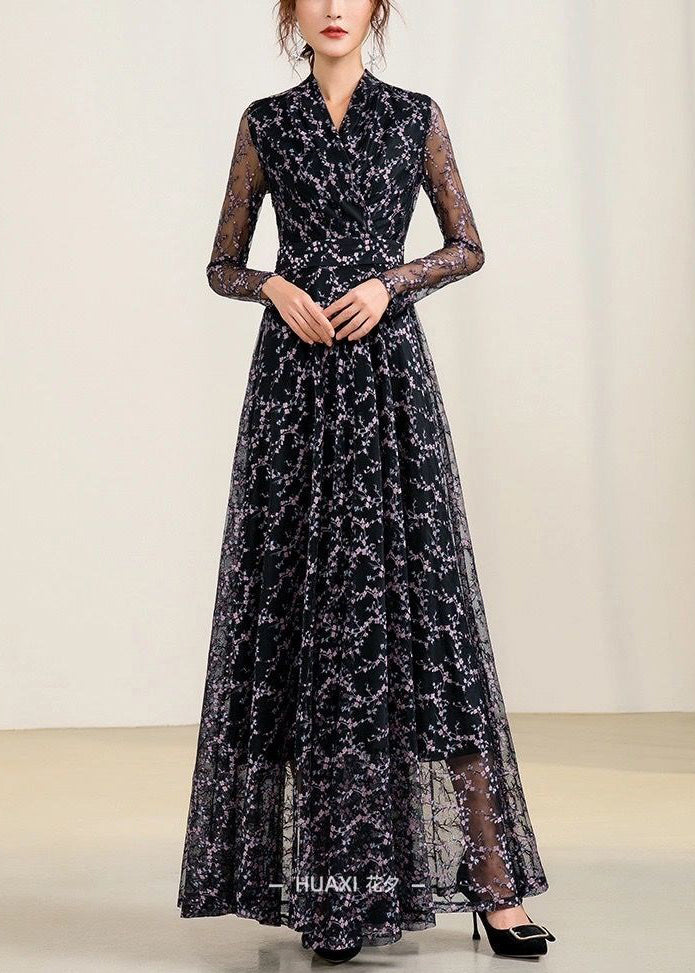 Slim Fit Black V Neck Tulle Patchwork Chiffon Long Dress Spring Ly1732