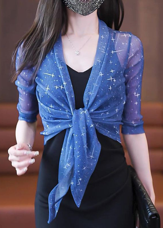 Slim Fit Blue V Neck Lace Up Tulle Cardigan Summer As1030