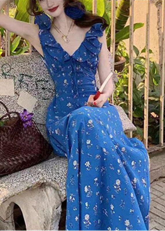 Slim Fit Blue V Neck Ruffled Patchwork Maxi Dress Summer Uu1017