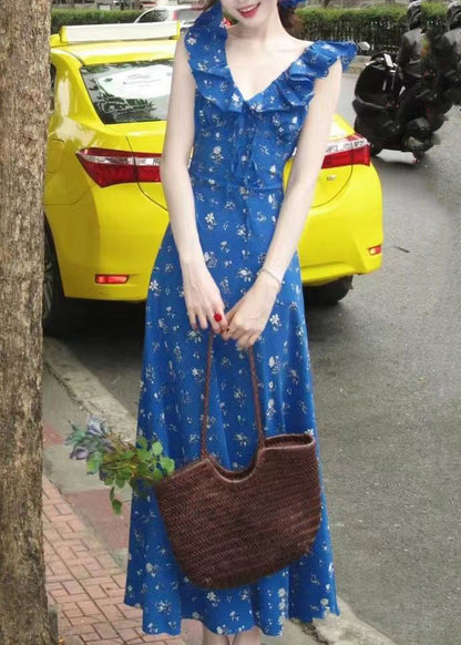 Slim Fit Blue V Neck Ruffled Patchwork Maxi Dress Summer Uu1017
