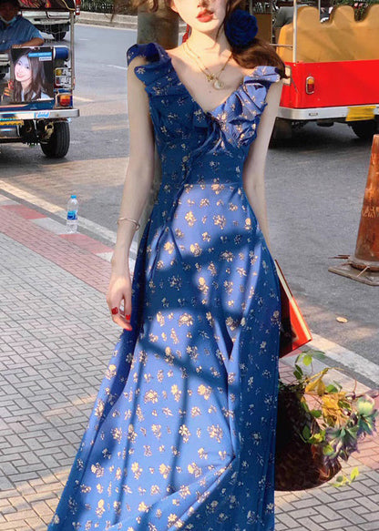 Slim Fit Blue V Neck Ruffled Patchwork Maxi Dress Summer Uu1017