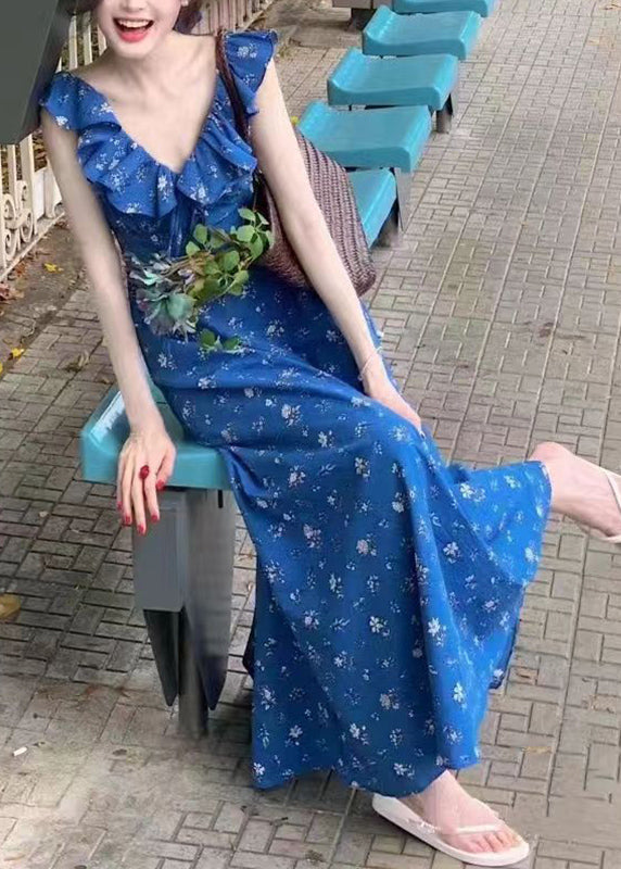 Slim Fit Blue V Neck Ruffled Patchwork Maxi Dress Summer Uu1017