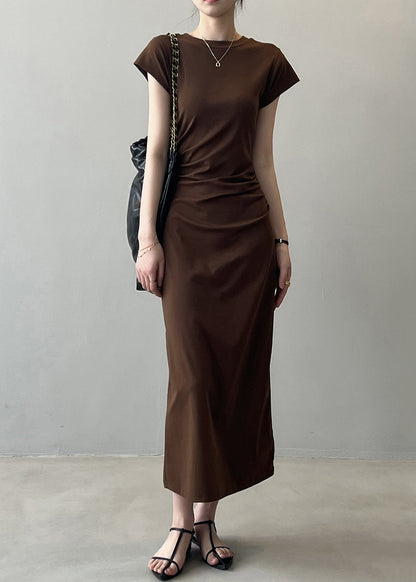Slim Fit Coffee Cotton Long Dresses Summer Qe006