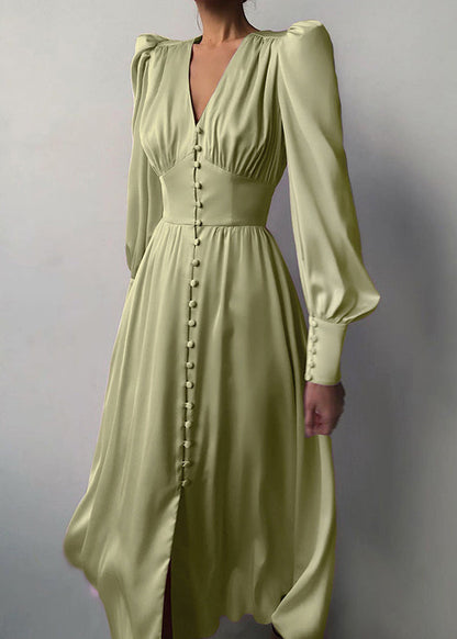Slim Fit Green V Neck Wrinkled Silk Maxi Dress Puff Sleeve Zl061