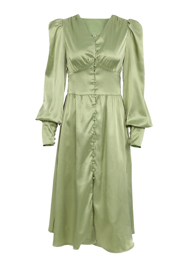 Slim Fit Green V Neck Wrinkled Silk Maxi Dress Puff Sleeve Zl061