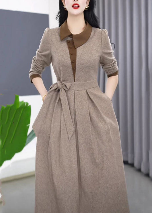 Slim Fit Grey Asymmetrical Tie Waist Maxi Dress Winter Rf034