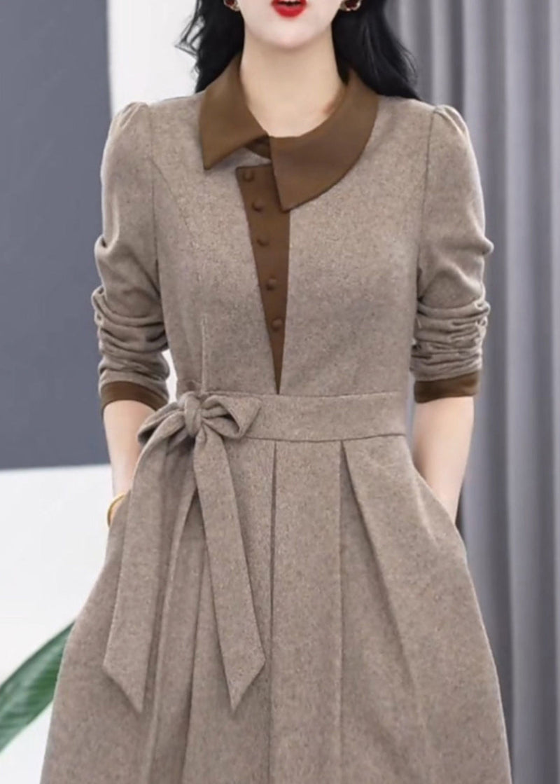 Slim Fit Grey Asymmetrical Tie Waist Maxi Dress Winter Rf034