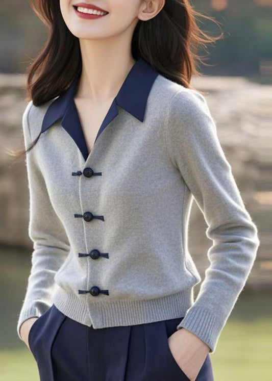 Slim Fit Grey Peter Pan Collar Button Knit Sweater Spring Tf038