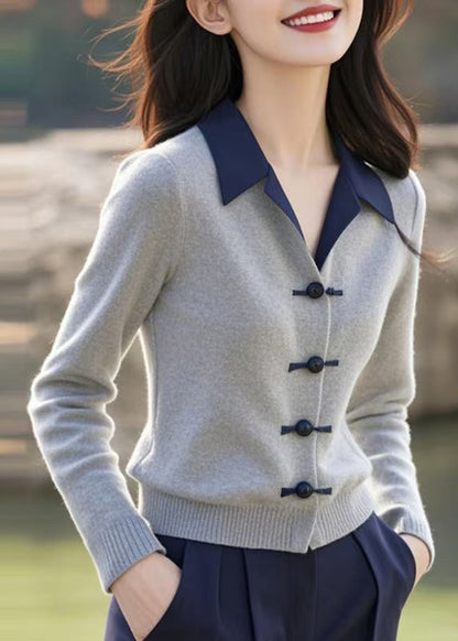 Slim Fit Grey Peter Pan Collar Button Knit Sweater Spring Tf038