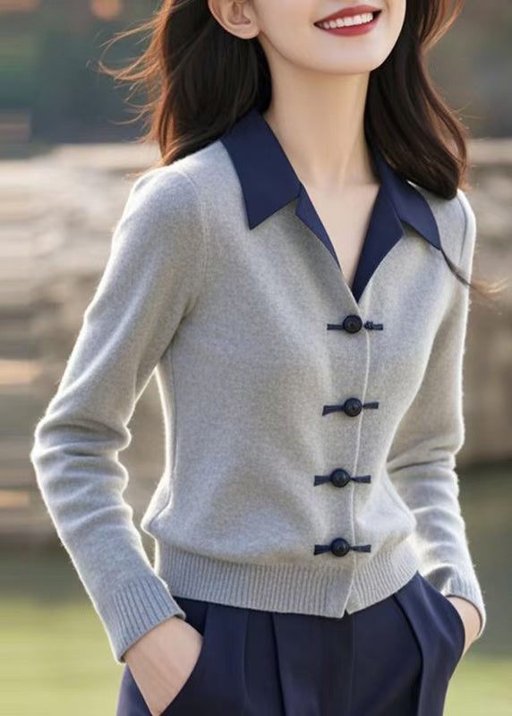 Slim Fit Grey Peter Pan Collar Button Knit Sweater Spring Tf038