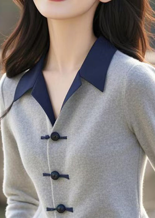 Slim Fit Grey Peter Pan Collar Button Knit Sweater Spring Tf038
