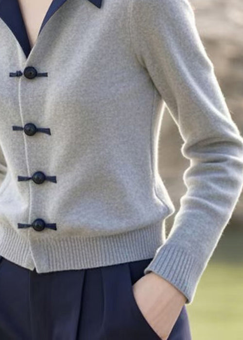 Slim Fit Grey Peter Pan Collar Button Knit Sweater Spring Tf038