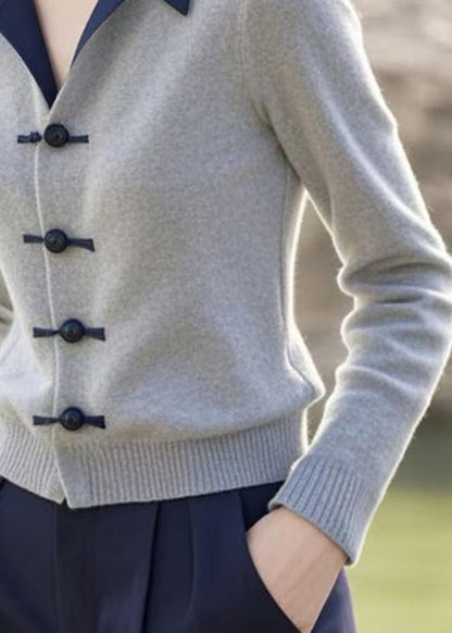 Slim Fit Grey Peter Pan Collar Button Knit Sweater Spring Tf038