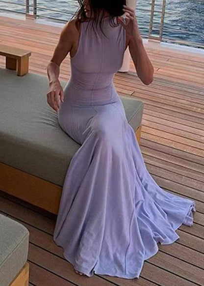 Slim Fit Grey Turtleneck Backless Cotton Long Dress Sleeveless Yz077