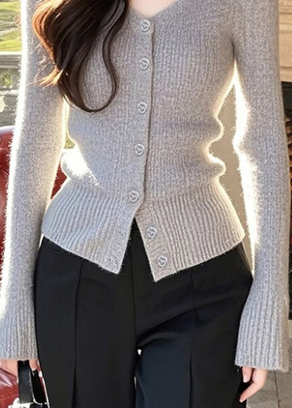 Slim Fit Grey V Neck Button Knit Sweaters Spring To011