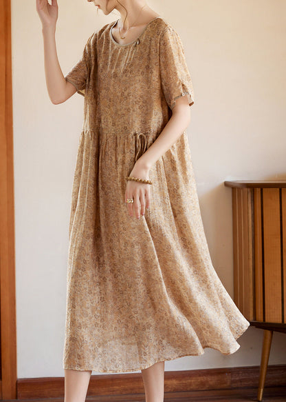 Slim Fit Khaki O-neck Print Silk Long Dresses Summer Ww052