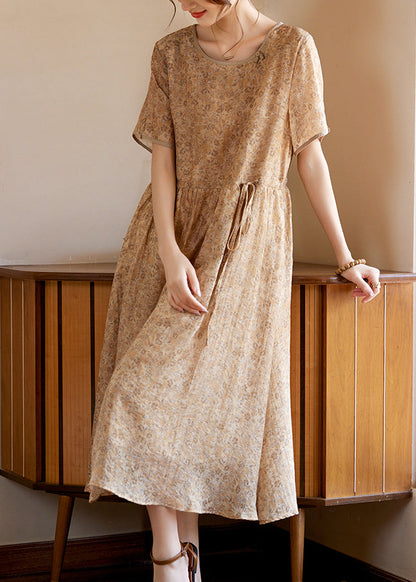Slim Fit Khaki O-neck Print Silk Long Dresses Summer Ww052