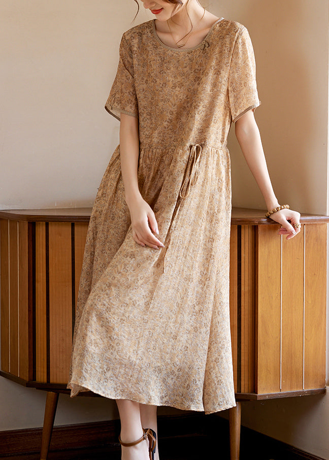 Slim Fit Khaki O-neck Print Silk Long Dresses Summer Ww052
