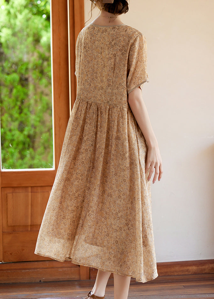 Slim Fit Khaki O-neck Print Silk Long Dresses Summer Ww052
