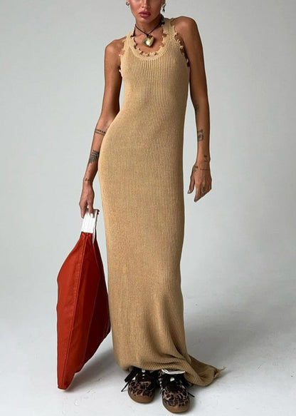 Slim Fit Khaki O Neck Knit Maxi Dresses Sleeveless Bb058
