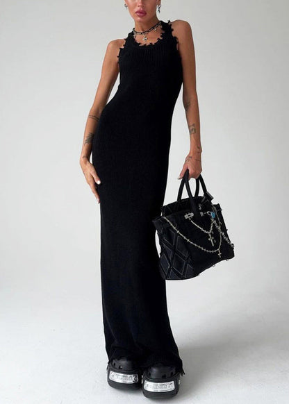 Slim Fit Khaki O Neck Knit Maxi Dresses Sleeveless Bb058