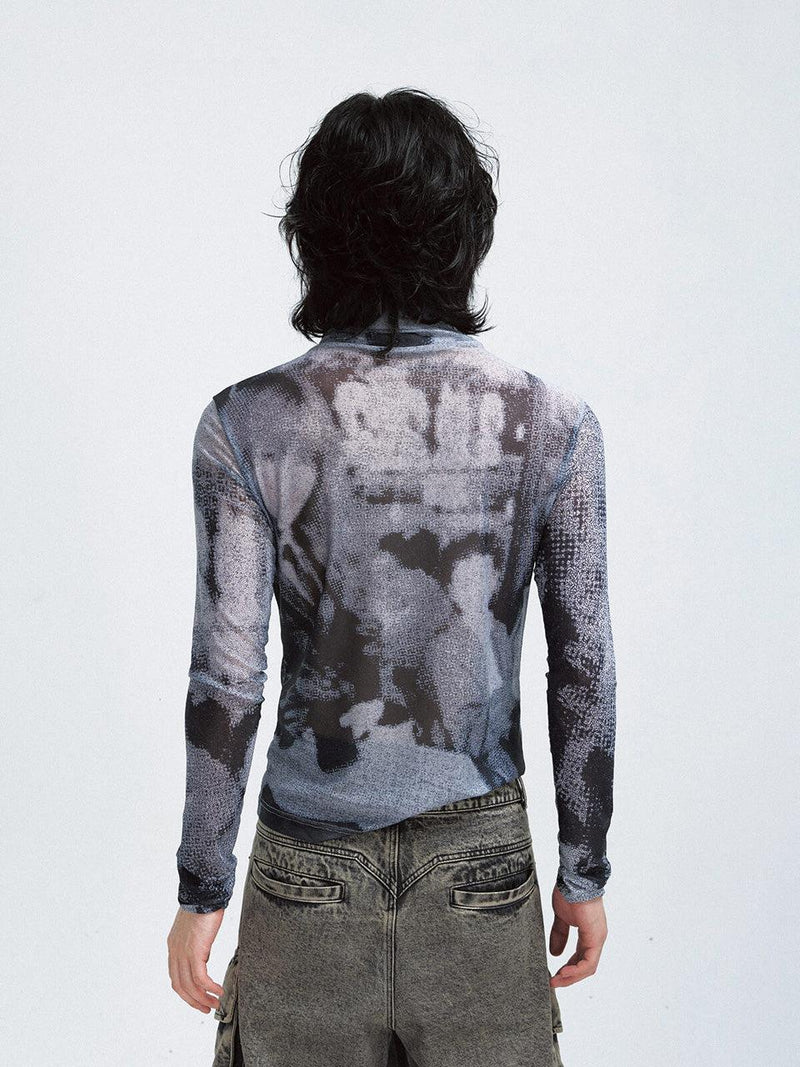 Printed Mesh Turtleneck Futuristic Sweatshirt