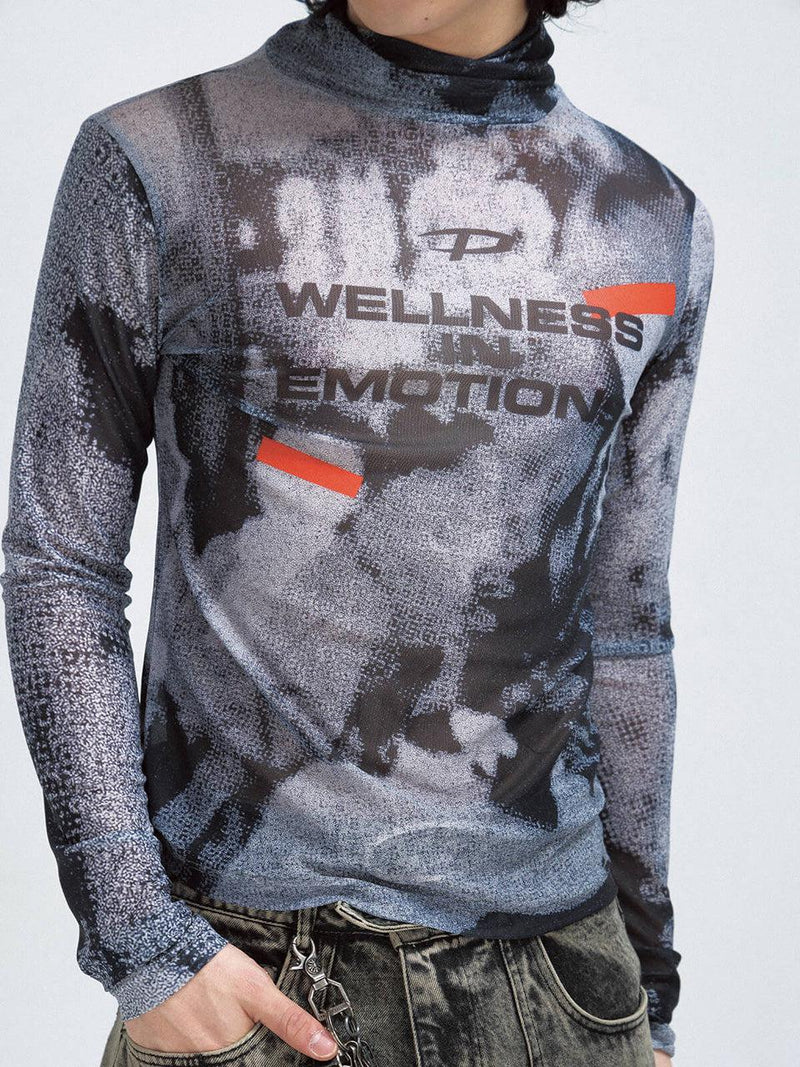 Printed Mesh Turtleneck Futuristic Sweatshirt