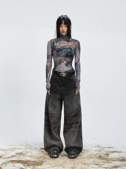 Printed Mesh Turtleneck Futuristic Sweatshirt