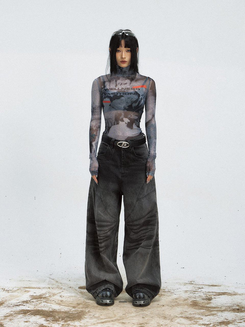 Printed Mesh Turtleneck Futuristic Sweatshirt