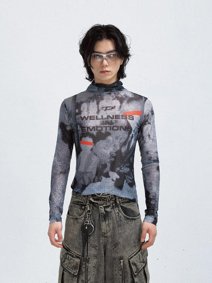 Printed Mesh Turtleneck Futuristic Sweatshirt