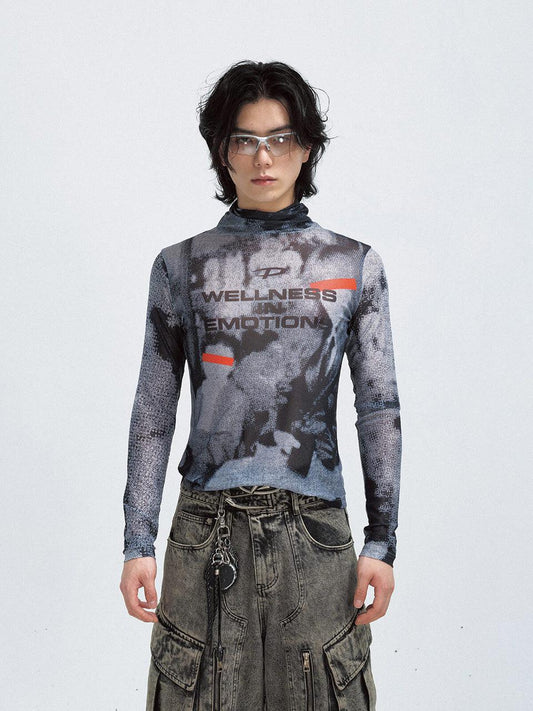 Printed Mesh Turtleneck Futuristic Sweatshirt