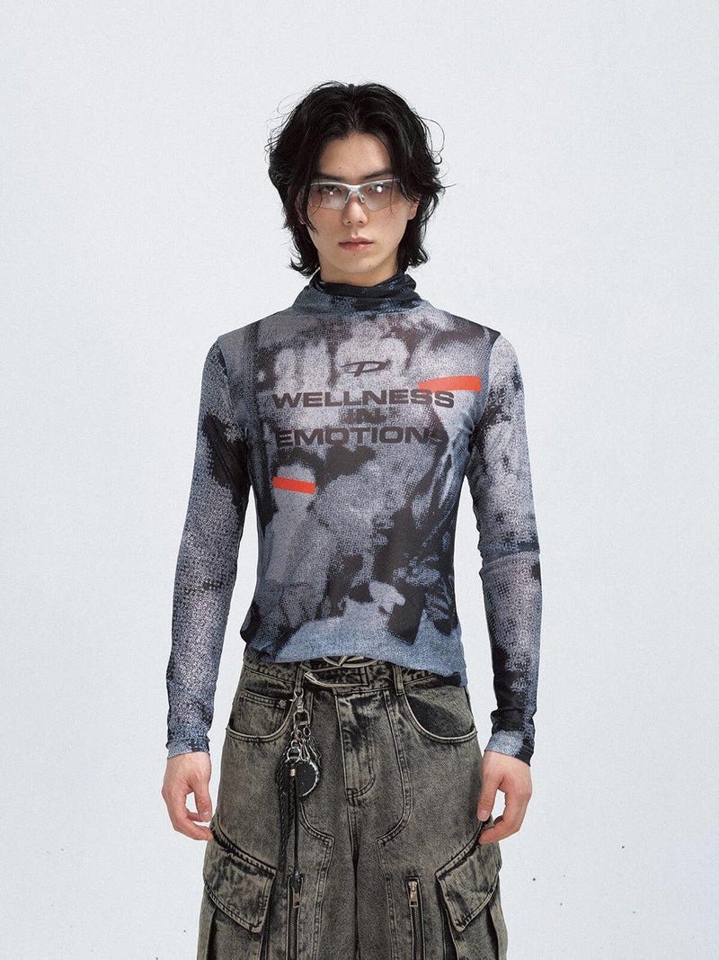Printed Mesh Turtleneck Futuristic Sweatshirt