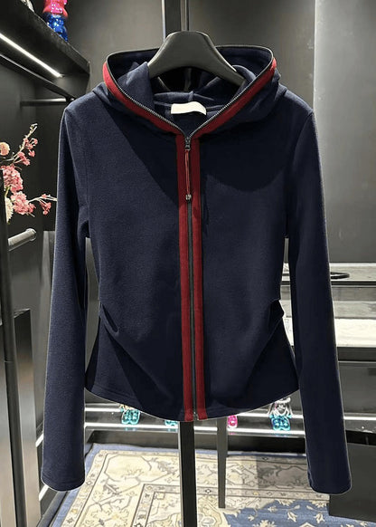 Slim Fit Navy Hooded Zip Up Cotton Coat Fall Rk021