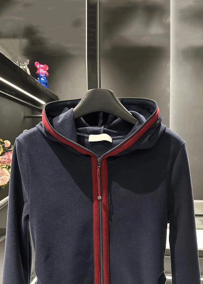 Slim Fit Navy Hooded Zip Up Cotton Coat Fall Rk021