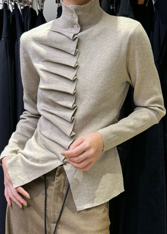 Slim Fit Oatmeal Wrinkled Button Knit Sweater Winte Wm021