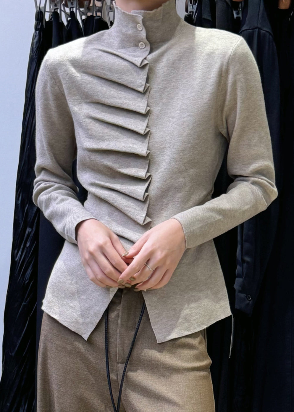 Slim Fit Oatmeal Wrinkled Button Knit Sweater Winte Wm021