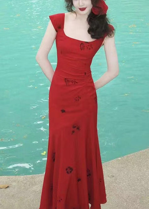 Slim Fit Red Square Collar Print Cotton Long Dress Summer Xx006