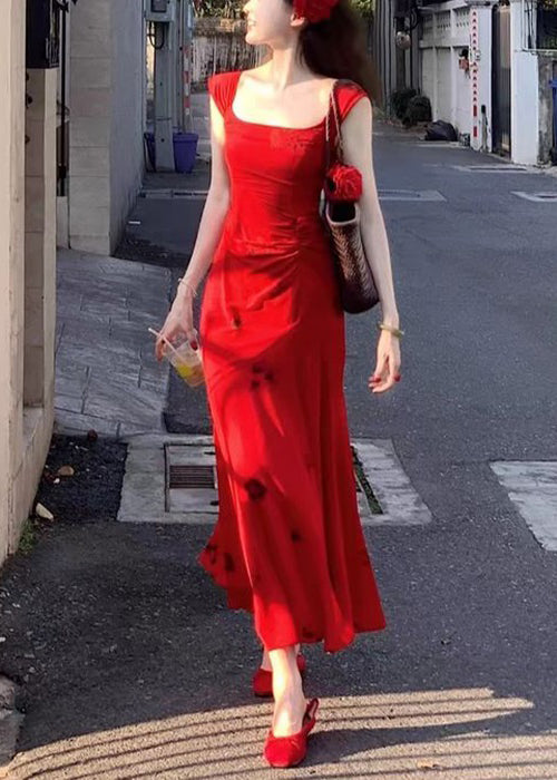 Slim Fit Red Square Collar Print Cotton Long Dress Summer Xx006
