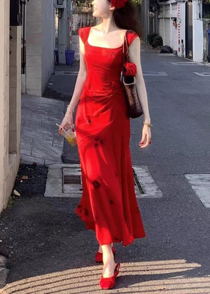 Slim Fit Red Square Collar Print Cotton Long Dress Summer Xx006