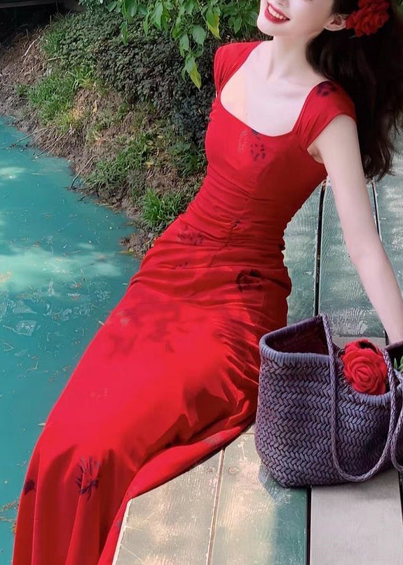 Slim Fit Red Square Collar Print Cotton Long Dress Summer Xx006